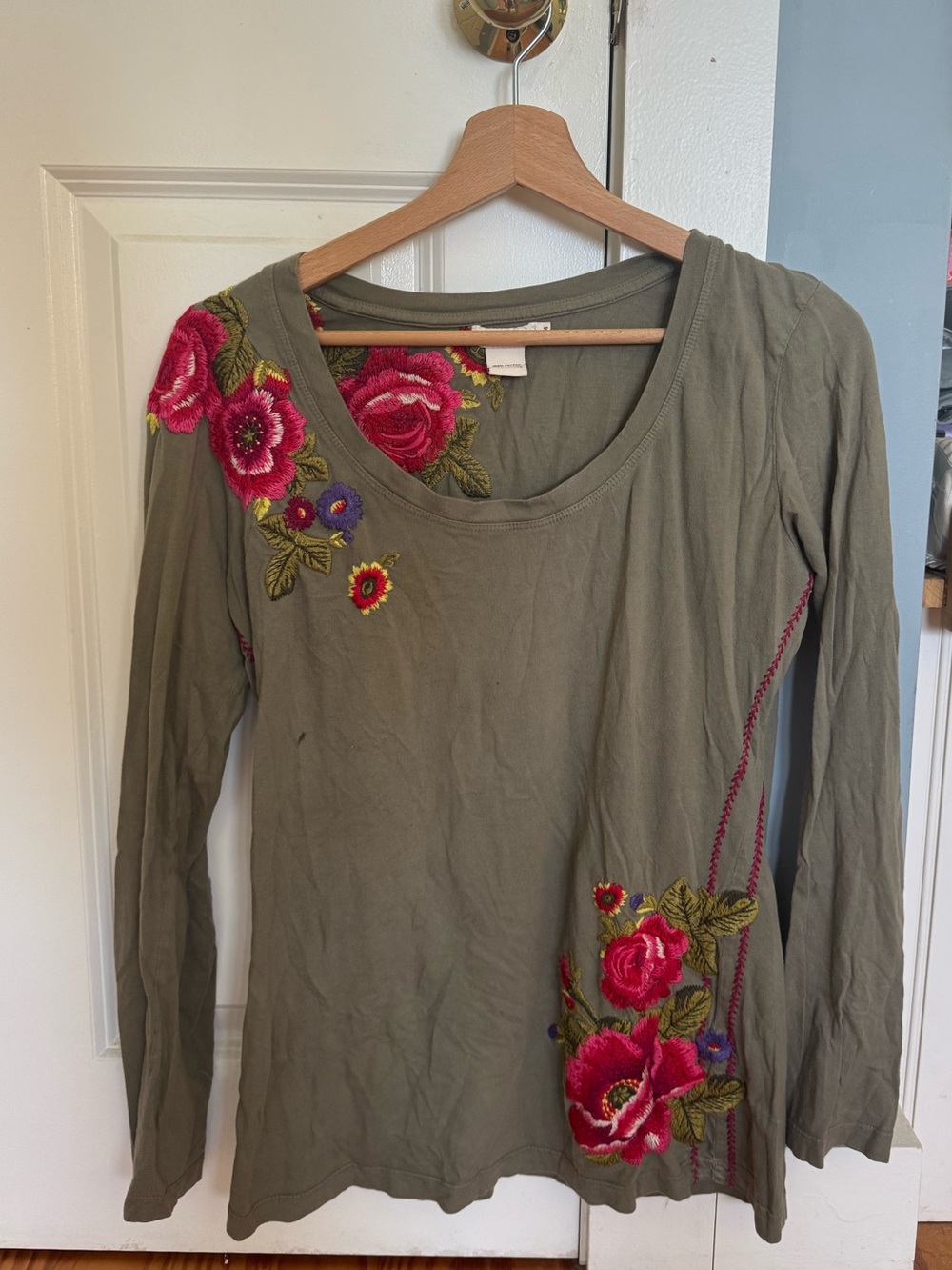 Sundance Olive Green Long Sleeve Top with Pink & Purple Floral Embroidery